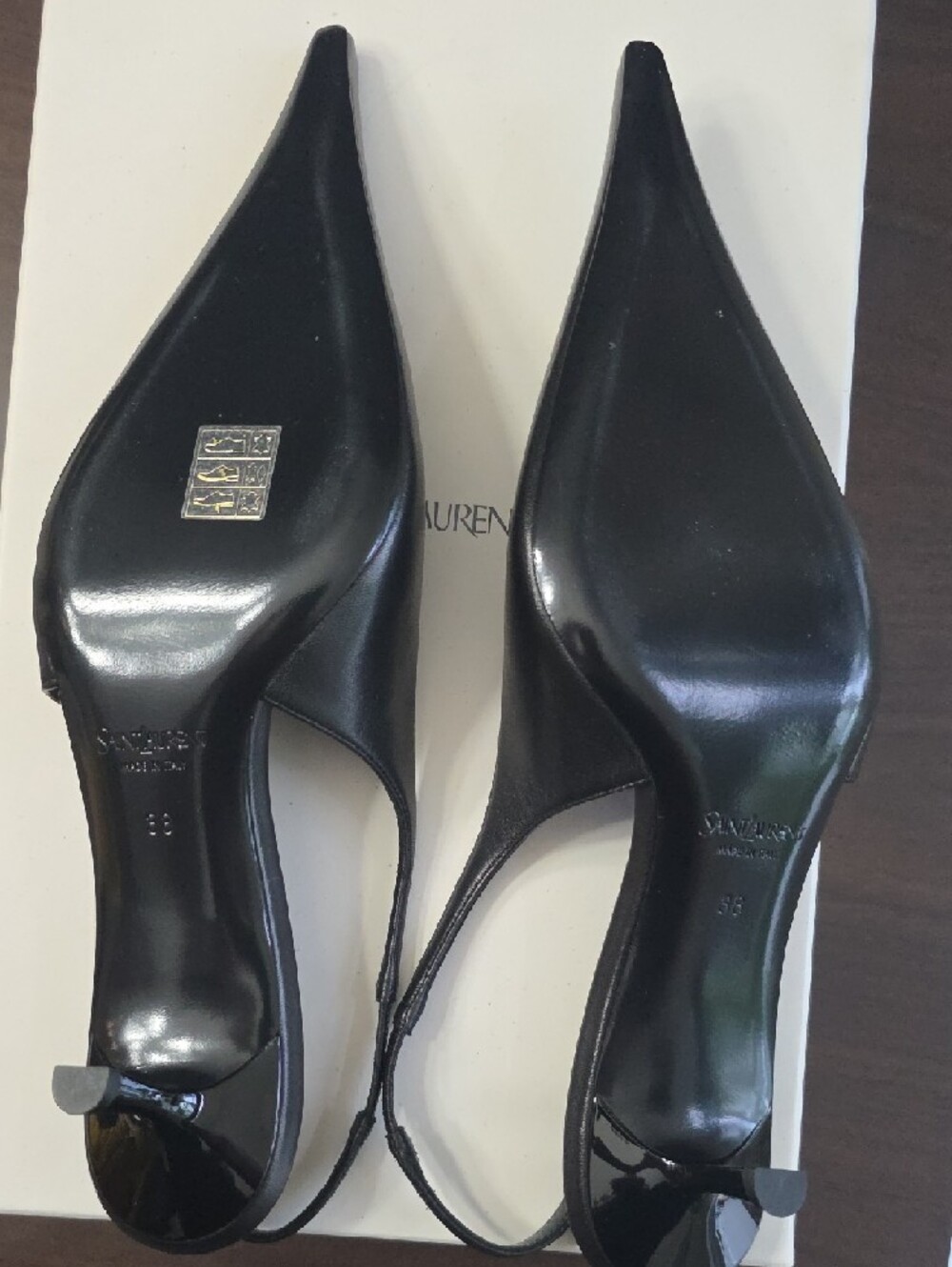 Saint Laurent Black Leather Pointed Slingback Pumps with Gold Accents - Picture 12 of 16